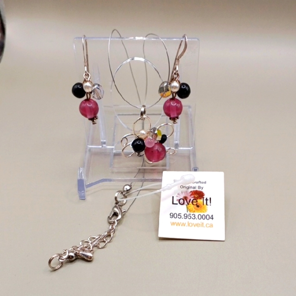 "Loveit" Pink and Black Dangle Earrings And Pendant with Beaded Design S925